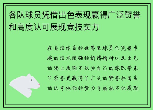 各队球员凭借出色表现赢得广泛赞誉和高度认可展现竞技实力